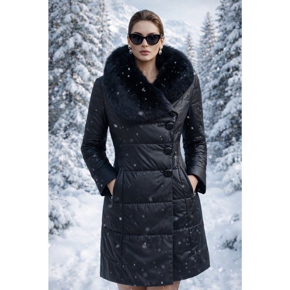 Vintage 90s Quilted Black Coat Genuine Fox Fur Collar Asymmetrical Winter Coat